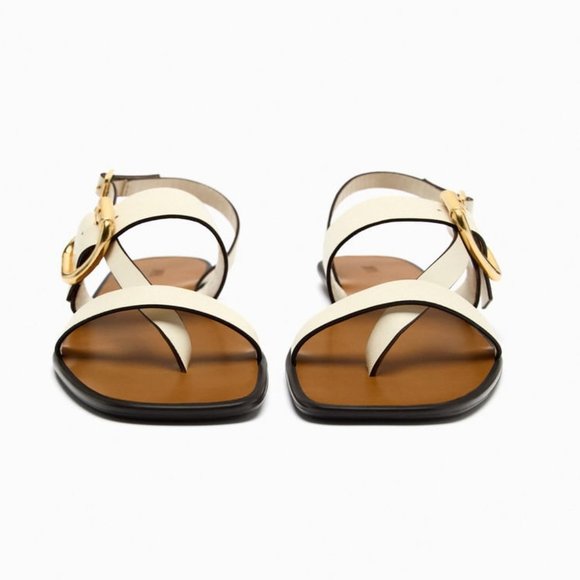 NWT ZARA BUCKLED FLAT LEATHER SANDALS  WHITE - REF 2636/110 9 - Picture 5 of 10